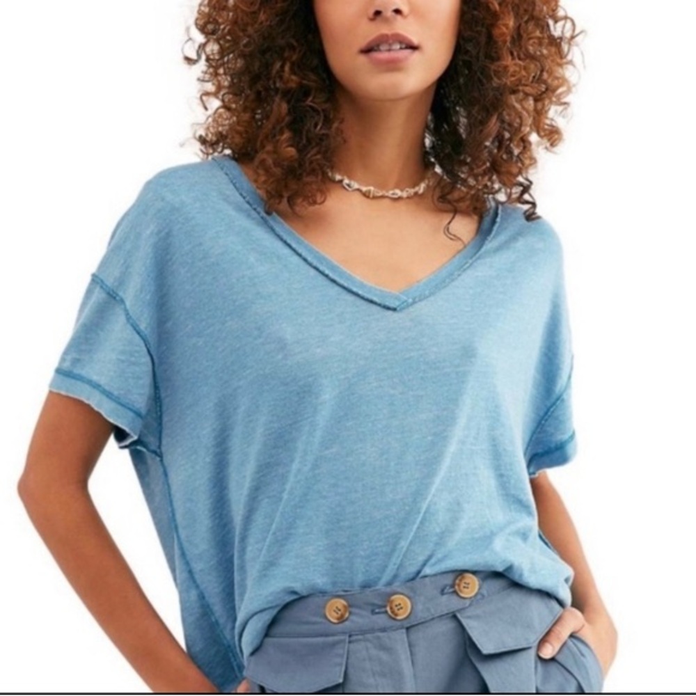 Free People Light Blue V-Neck Tee